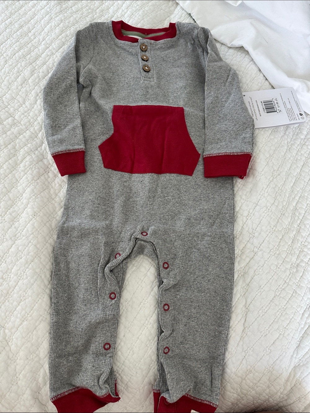 Burt's Bees Baby 6-9M Festive Gray Knit Footed One-Piece with Red Accents